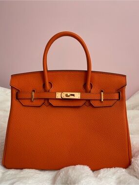 Orange Leather Top-Handle birkin style Bag with Gold Hardware